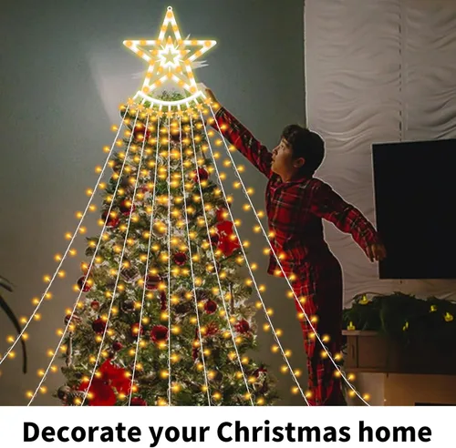Vista 3 de VTZNOJ 350 LED Guirnalda de luces de estrella para decoración de Navidad, impermeables, luces de cascada estrelladas con 8 modos de luz, control