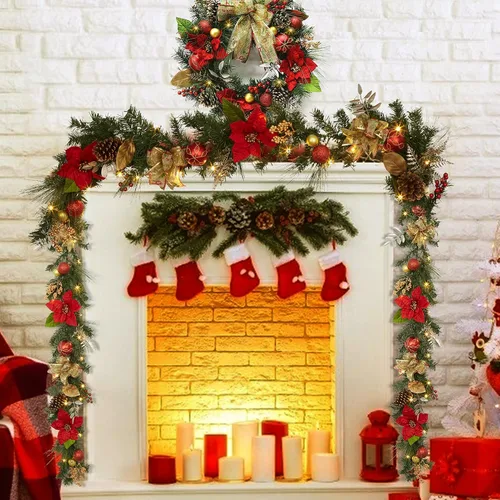 Vista 5 de Guirnalda de Navidad de 6 pies con luces, guirnalda artificial preiluminada de Navidad con conos de pino y flor de pascua, guirnalda de Navidad Oro