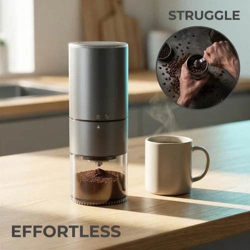Vista 3 de Molinillo de café eléctrico portátil, molino de rebabas de acero inoxidable recargable por USB, función de parada automática, para expreso, hogar
