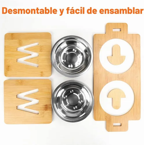 Vista 4 de Cuenco Elevado para Perros, Cuencos Elevados para Perros, Cuenco Inclinado para Mascotas de Agua y Comida, Estación de Alimentación de Bambú