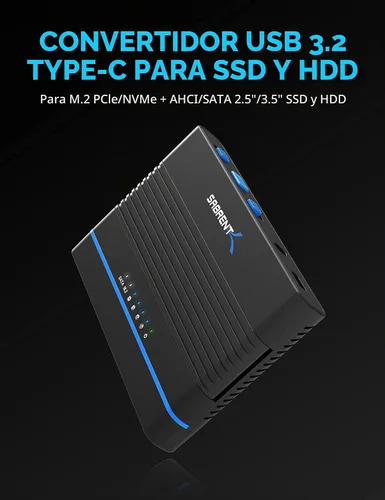 Vista 2 de SABRENT USB-C M.2 NVMe + 2.5/3.5in SATA SSD/HDD Adapter (DS-UCMH)