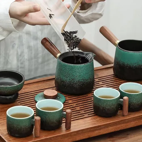 Vista 6 de Juego de té esmeralda, juego de té chino de kung fu, caja de regalo adecuada para cumpleaños, Halloween, Navidad (bosque de jade)
