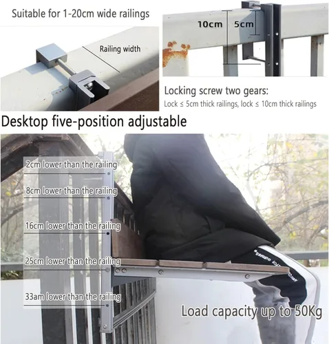 Vista 6 de Escritorio de balcón, mesa de bar de balcón para barandillas, mesa de bar al aire libre, altura ajustable, pequeño plegable que ahorra espacio