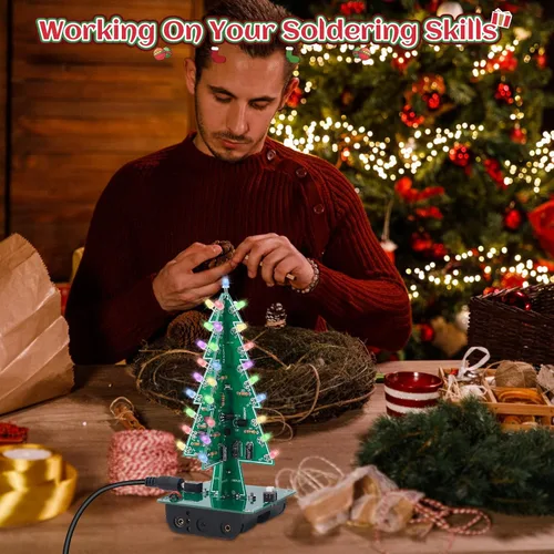 Vista 6 de Icstation - Kit para montar árbol de Navidad, 3D, con luces LED de 7 colores intermitentes para práctica de soldadura eléctrica.