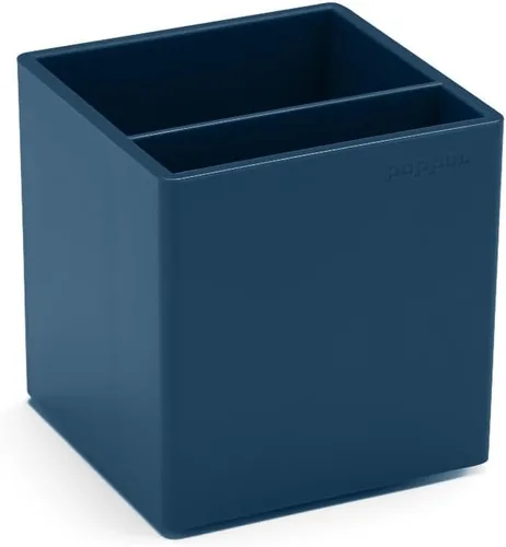 Vista 3 de Poppin Juego de iniciación de escritorio, color azul pizarra, incluye grapadora, dispensador de cinta, vaso para bolígrafo de dos compartimentos