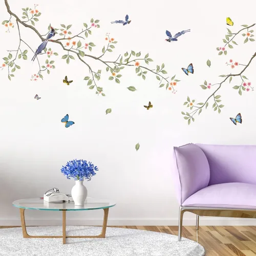 Vista 6 de Calcomanías de pared de ramas de hojas verdes, calcomanías de pared de flores blancas, calcomanías de pared extraíbles para bricolaje, mariposas
