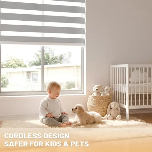 Vista 4 de Persianas motorizadas con control remoto, persianas automáticas inalámbricas de cebra, persianas inteligentes para ventanas, color gris, 20 x 72