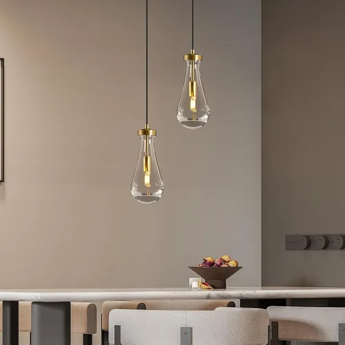 Vista 8 de Lámparas Colgantes de Gota de Lluvia para Isla de Cocina: Lámparas de Gota de Lluvia de Cristal de 2 Luces - Lámparas de Latón Dorado para sobre