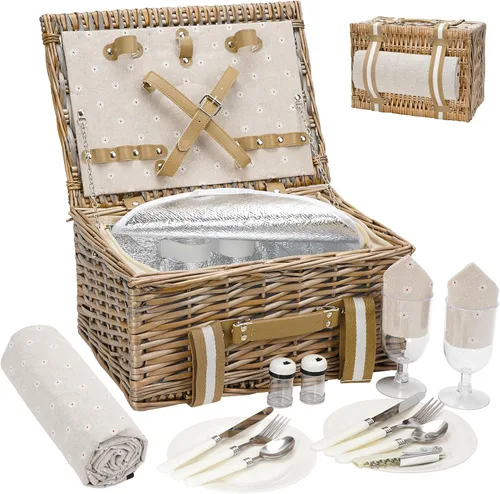 Vista 12 de Willow - Juego de cestas de picnic para 2 personas con bolsa térmica grande aislada y manta de picnic impermeable, cesta de picnic de mimbre
