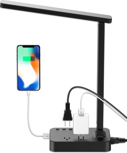 Vista 9 de Drevet Lámpara de escritorio LED con cargador inalámbrico, luz de mesa de escritorio con puerto de carga USB y 2 tomas de corriente, 3 modos