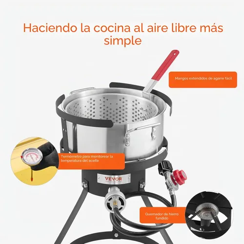 Vista 6 de VEVOR Freidora de Pescado y Alitas de 10 Qt, Kit de Freidora de Pescado de Propano de Aluminio, Freidora Profunda para Exteriores Olla para Mariscos