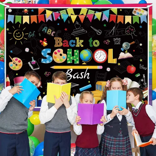 Vista 4 de AIBIIN Fondo de fiesta de regreso a clases, 7 x 5 pies, primer día de escuela, preescolar, jardín de infantes, decoración de fiesta, pizarra, aula
