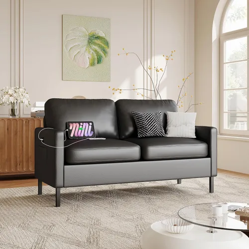 Vista 7 de 56 '' Sofá de dos plazas de cuero negro con USB para sofá de sala de estar