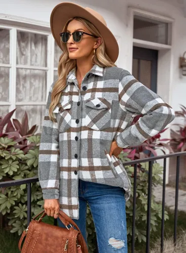 Vista 2 de GRAPENT Chaqueta acolchada con botones a cuadros de gran tamaño para mujer