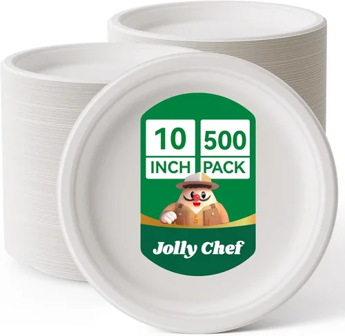 Vista 12 de JOLLY CHEF Platos compostables de alta resistencia de 10 pulgadas [Paquete de 125] Platos de papel desechables ecológicos de bagazo natural