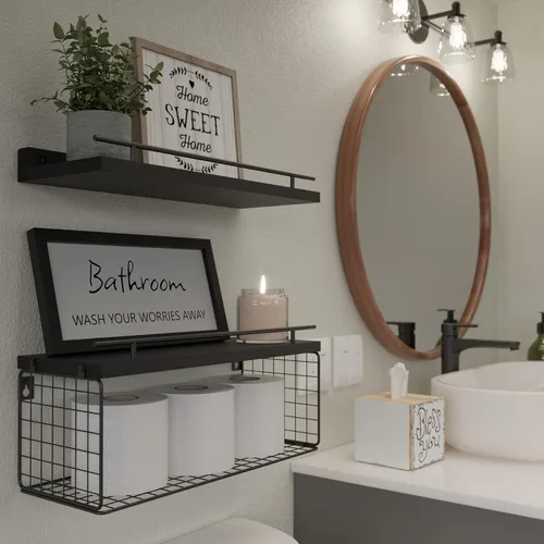 Vista 5 de WOPITUES Estantes Flotantes para Letrero de Decoración de Pared, Organizadores y Almacenamiento de Baño, Estantes de Baño Sobre el Inodoro con Negro