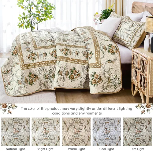 Vista 4 de Anibedding Juego de Edredón Floral Tamaño Queen, Edredones Colcha con Patrón de Flores Marrones Retro, Cubierta de Cama Ligera de Microfibra Suave