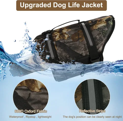 Vista 2 de HAOCOO - Chaleco salvavidas para perro, chaleco salvavidas, traje de baño de seguridad con rayas reflectantes/cinturón ajustable para perro.