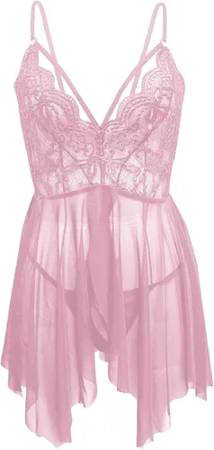 Vista 4 de Hquowk Women's V Neck Lingerie Dress Adjustable Strap Sleepwear Embroidered Lace Chemise Ladies Slutty Boudoir Nightdress