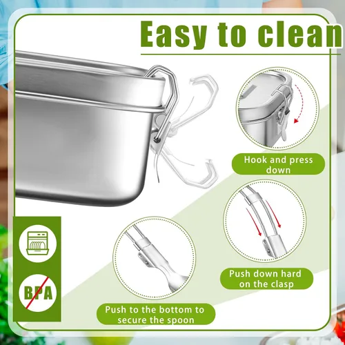 Vista 3 de Umigy Lonchera Bento de acero inoxidable, 2 unidades, con cuchara plegable, tenedor, 3 compartimentos, contenedor de alimentos de acero inoxidable