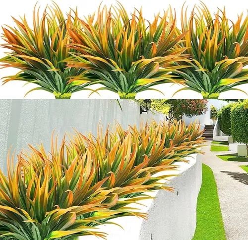 Vista 20 de 8 piezas de plantas falsas para exteriores, resistentes a los rayos UV, plantas de césped alto artificiales, flores tropicales, arbustos, decoración