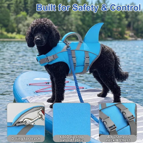 Vista 6 de Dogcheer Chaleco salvavidas para perro, tiburón, chaleco salvavidas reflectante para nadar en barco, chaleco de natación ajustable para cachorros