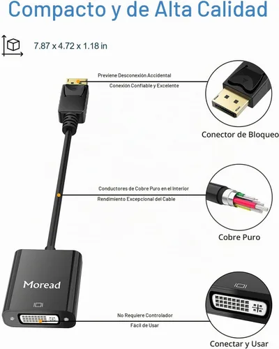 Vista 3 de Adaptador DisplayPort (DP) a DVI de Moread, adaptador de puerto de pantalla chapado en oro a DVI-D (macho a hembra) compatible con computadora Negro