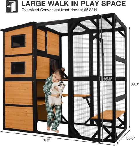 Vista 5 de Catio - Recinto para gatos al aire libre para múltiples gatos, resistente a la intemperie, casa grande para gatos con 4 niveles, 3 salas