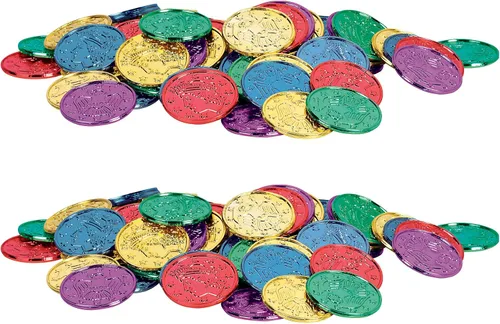Vista 9 de Beistle 100 monedas de plástico en relieve de plata para casino occidental y tema pirata, recuerdos de fiesta del cofre del tesoro, 1.5 pulgadas