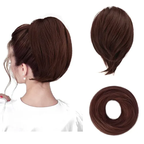 Vista 9 de BARSDAR Extensiones de Moño de Cabello Liso - Extensiones de Moño de Cola de Caballo Corta y Lisa para Mujeres, Coleteros de Moño de Cabello