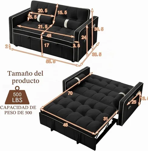 Vista 2 de Sofá cama extraíble, sofá cama de 55.5 pulgadas, con bolsillo lateral, respaldo ajustable y almohada de cintura, adecuado para espacios pequeños