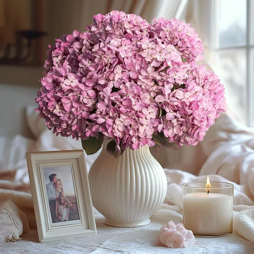 Vista 11 de Flores Artificiales Cabezas de Hortensias de Seda Falsa Ramo con Tallos al Por Mayor para Decoración de Otoño Centro de Mesa Navidad Interior Azul