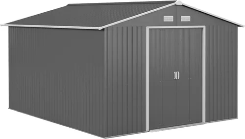 Vista 13 de Outsunny Cobertizo de almacenamiento exterior de 11' x 13', cobertizo de metal para herramientas de jardín con kit de cimentación, puerta con doble