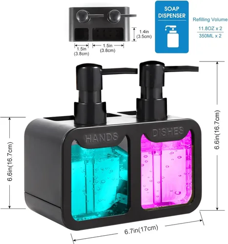 Vista 2 de Juego de dispensador de jabón para platos y manos, dispensador de jabón doble para fregadero de cocina, dispensador de jabón de manos 4 en 1
