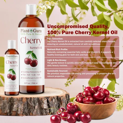 Vista 3 de Plant Guru Aceite de grano de cereza, 4 onzas líquidas, prensado en frío, 100% puro y natural, hidratante para el crecimiento de la piel, la cara