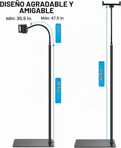 Vista 6 de Soporte de suelo para tableta con base de doble peso, soporte de metal giratorio de 360 grados con soporte flexible de cuello de cisne de brazo