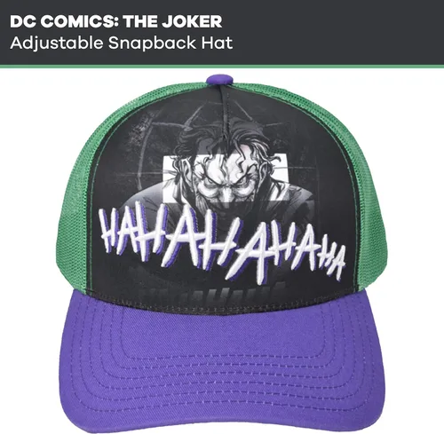 Vista 2 de Concept One DC Comics The Joker Raughing 3D Gorra ajustable de algodón Snapback para camionero, color verde, talla única