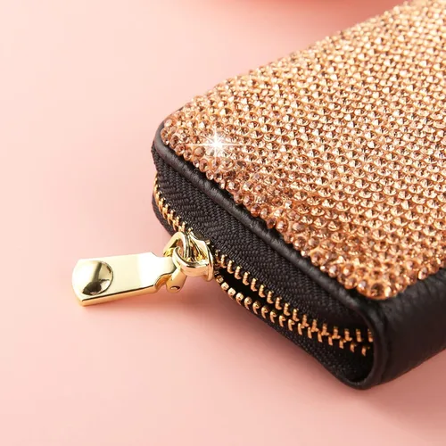 Vista 7 de AsAlways Funda con cremallera multicapa con diamantes de imitación RFID, cartera pequeña delgada para mujer, Oro, Moderno