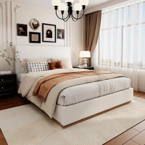 Vista 9 de Base de cama matrimonial con cabecero, plataforma tapizada de terciopelo con base de madera cerrada, estructura de metal y soporte de listones