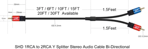Vista 7 de SHD Cable de subwoofer RCA a 2RCA, cable de audio 2RCA a 1RCA bidireccional RCA adaptador Y calidad de sonido premium blindado doble con conectores