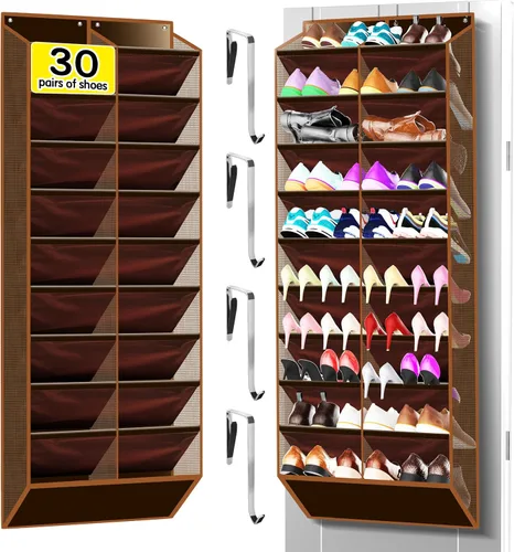 Vista 13 de Kotkn Organizador de zapatos de 10 niveles sobre la puerta, 20 bolsillos con capacidad para 20 a 30 pares, tela Oxford resistente con malla