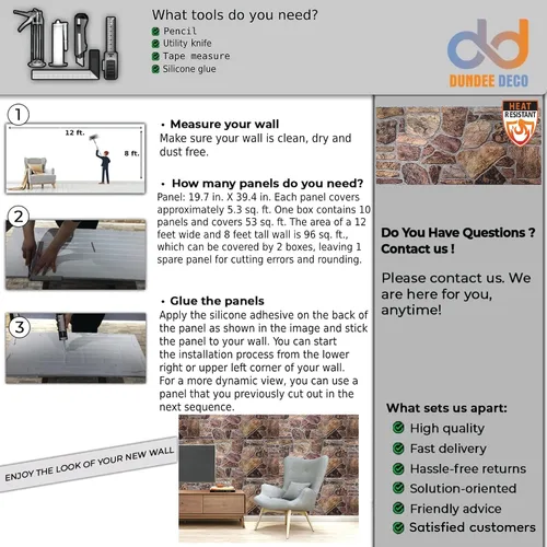 Vista 8 de Dundee Deco Paneles de pared 3D – Revestimiento, paneles de pared con aspecto de piedra marrón y gris, revestimiento de espuma de poliestireno