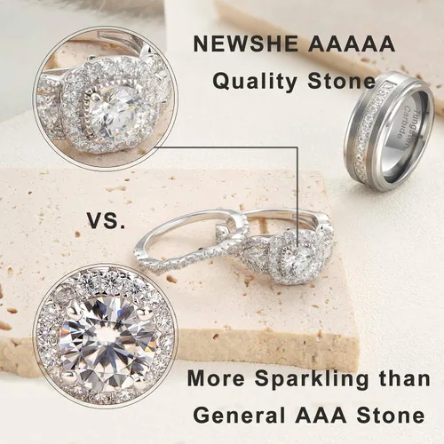Vista 3 de Newshe Jewellery Juego de anillos de boda para él y ella, anillos de promesa de plata esterlina para parejas, mujeres, hombres, tallas 5-13