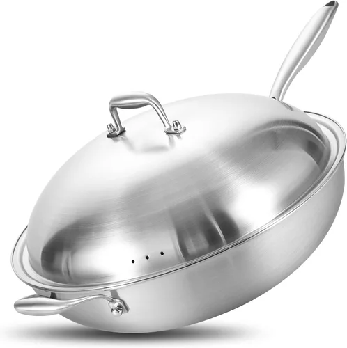 Vista 8 de LOLYKITCH Wok de acero inoxidable de 10 pulgadas con tapa de vidrio Mango
