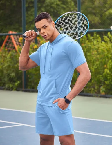 Vista 2 de COOFANDY Conjunto deportivo de 2 piezas con capucha para hombre, manga corta, casual, deportivo, con capucha y pantalones cortos