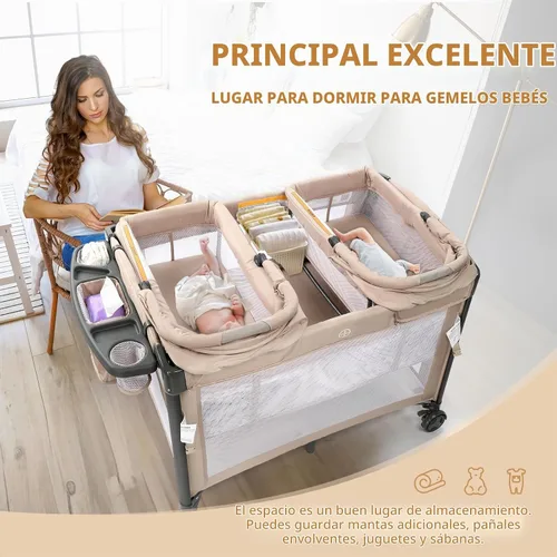 Vista 6 de JOYMOR Moisés doble para bebé, moisés de cabecera beige, convertible a moisés de cabecera y corralito, con ruedas, freno, moisés lateral plegable