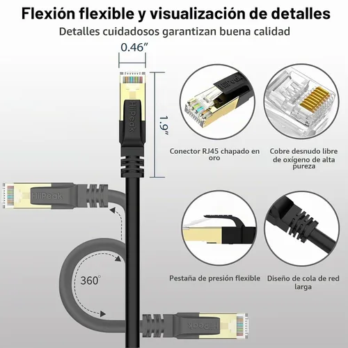 Vista 4 de HiiPeak Cable Ethernet Cat8 de 1 pie, para interiores y exteriores, alta velocidad, 26 AWG Cat8, cable LAN de red Cat8 de 2000 Mhz, 40 Gbps con Negro
