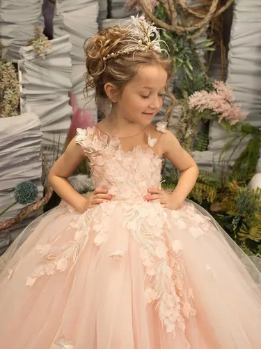 Vista 4 de Vestido de niña de las flores, con apliques de tul de mariposa 3D, vestidos de princesa para concursos de graduación, vestidos de fiesta para niñas