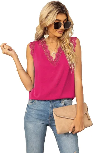 Vista 190 de VIISHOW - Camiseta sin mangas, sexy, con cuello en V y bordes de encaje para mujer, camisola de vestir, camisas de gasa, sin mangas, casuales