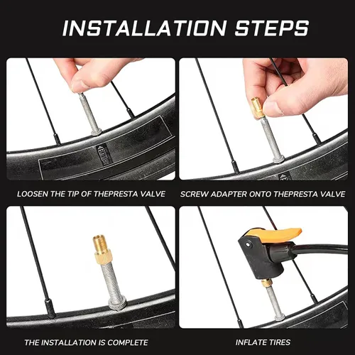 Vista 5 de 5 adaptadores de válvula Presta para bicicleta, convierte la válvula Presta a Schrader, funciona con compresores de aire, bombas y más, herramienta